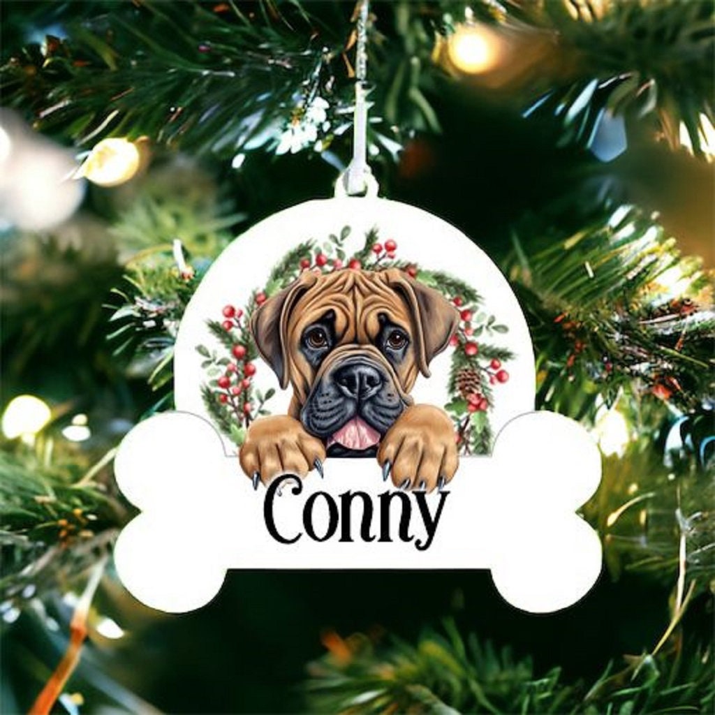 Personalised Christmas Bauble with Boerboel sat in a wreath