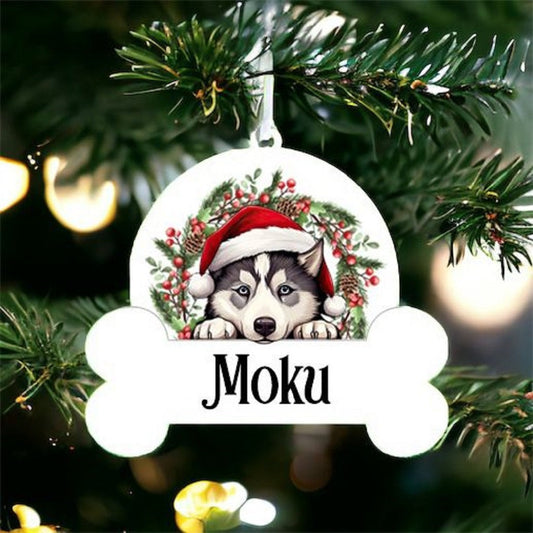 Personalised Christmas Bauble with Siberian Huskey sat in a wreath