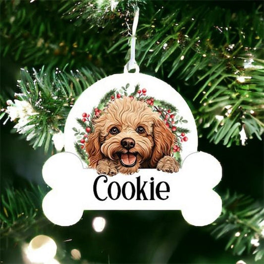 Personalised Christmas Bauble with Toy Poodle sat in a wreath