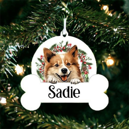 Personalised Christmas Bauble with Icelandic Sheepdog sat in a wreath