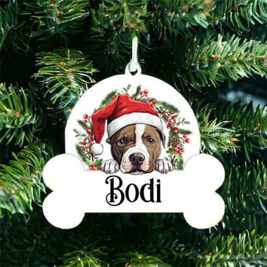 Personalised Christmas Bauble with Staffordshire Bull Terrier sat in a wreath