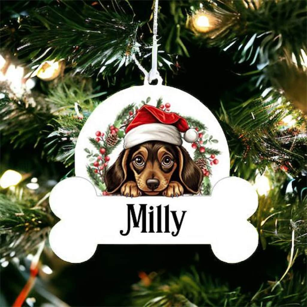 Personalised Christmas Bauble with Dachshund sat in a wreath