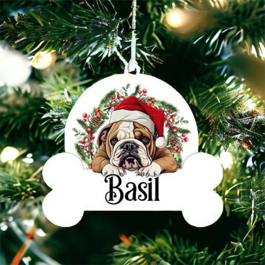 Personalised Christmas Bauble with Bulldog sat in a wreath