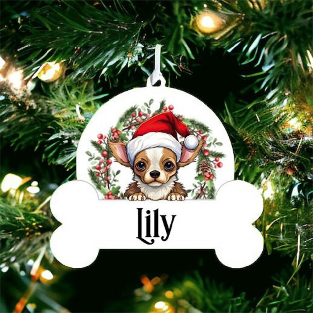 Personalised Christmas Bauble with Chihuahua sat in a wreath