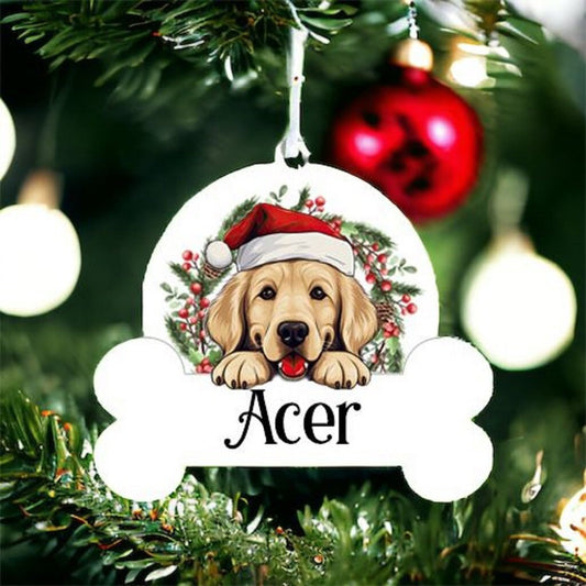 Personalised Christmas Bauble with Golden Retriever sat in a wreath