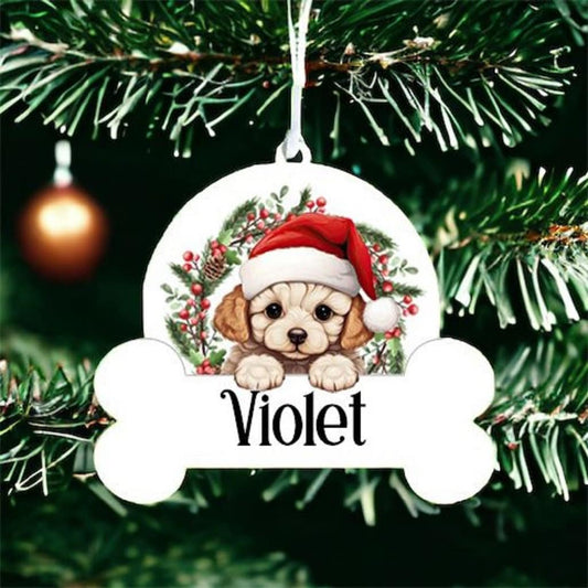 Personalised Christmas Bauble with Bichon Frise sat in a wreath