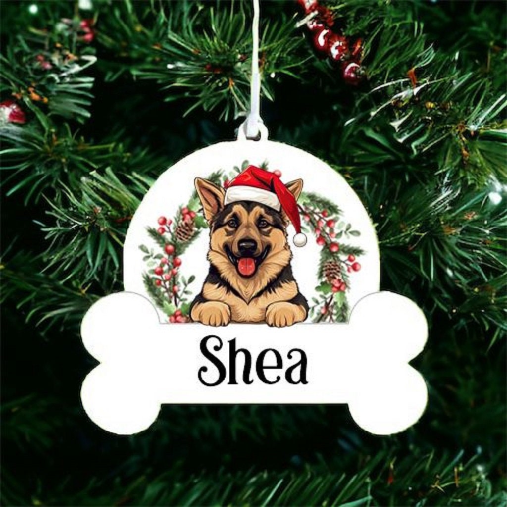 Personalised Christmas Bauble with German Shepherd sat in a wreath