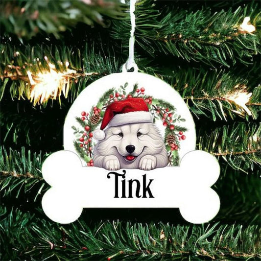 Personalised Christmas Bauble Of Samoyed sat in a wreath, choice of Ribbon Colour