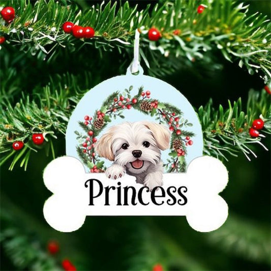 Personalised Christmas Bauble with Maltese sat in a wreath