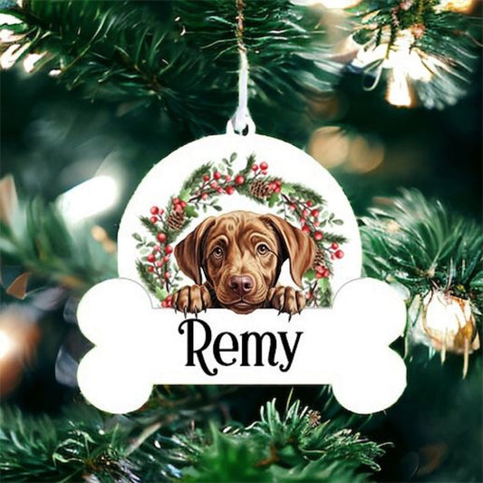 Personalised Christmas Bauble with Labrador Retriever sat in a wreath