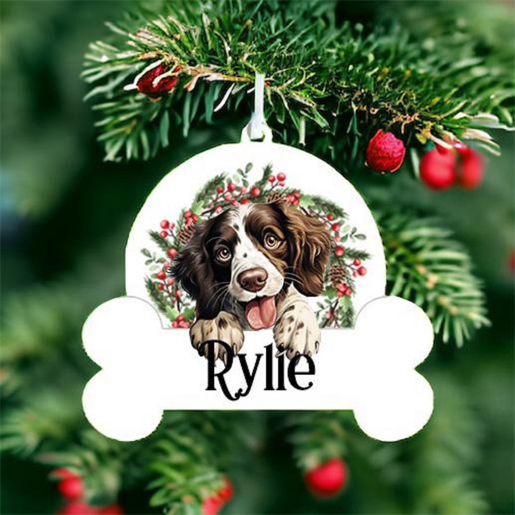 Personalised Christmas Bauble with English Springer Spaniel sat in a wreath