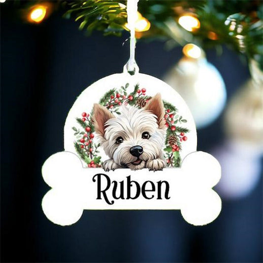 Personalised Christmas Bauble with West Highland Terrier sat in a wreath