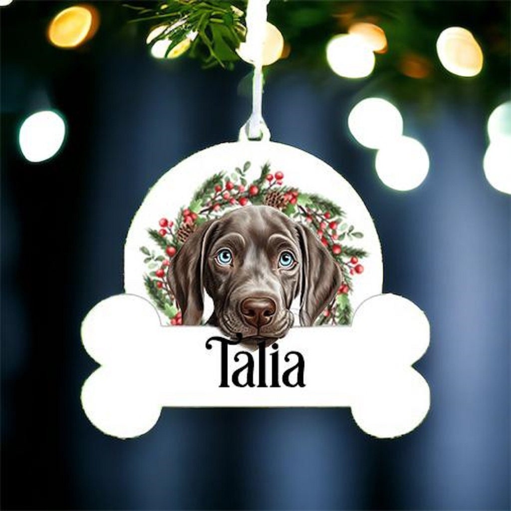 Personalised Christmas Bauble with Weimaraner sat in a wreath