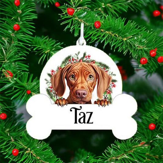 Personalised Christmas Bauble with Vizsla sat in a wreath