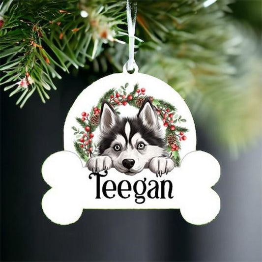 Personalised Christmas Bauble with Siberian Husky sat in a wreath