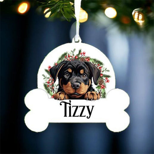 Personalised Christmas Bauble with Rottweiler sat in a wreath