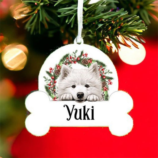 Personalised Christmas Bauble with Samoyed sat in a wreath