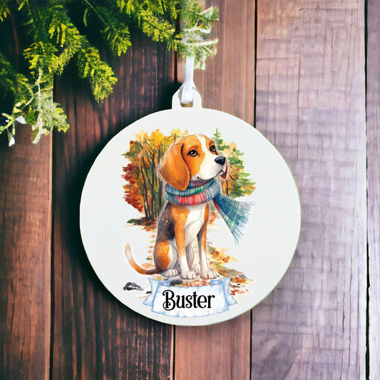 Personalised Watercolour Beagle Dog on Winter Walk - Acrylic Ornament Decoration Gift Keepsake