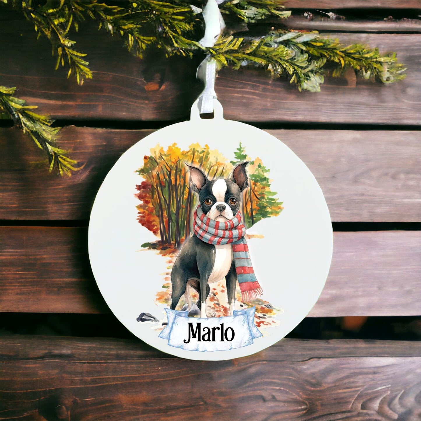 Personalised Watercolour Boston Terrier Dog on Winter Walk - Acrylic Ornament Decoration Gift Keepsake