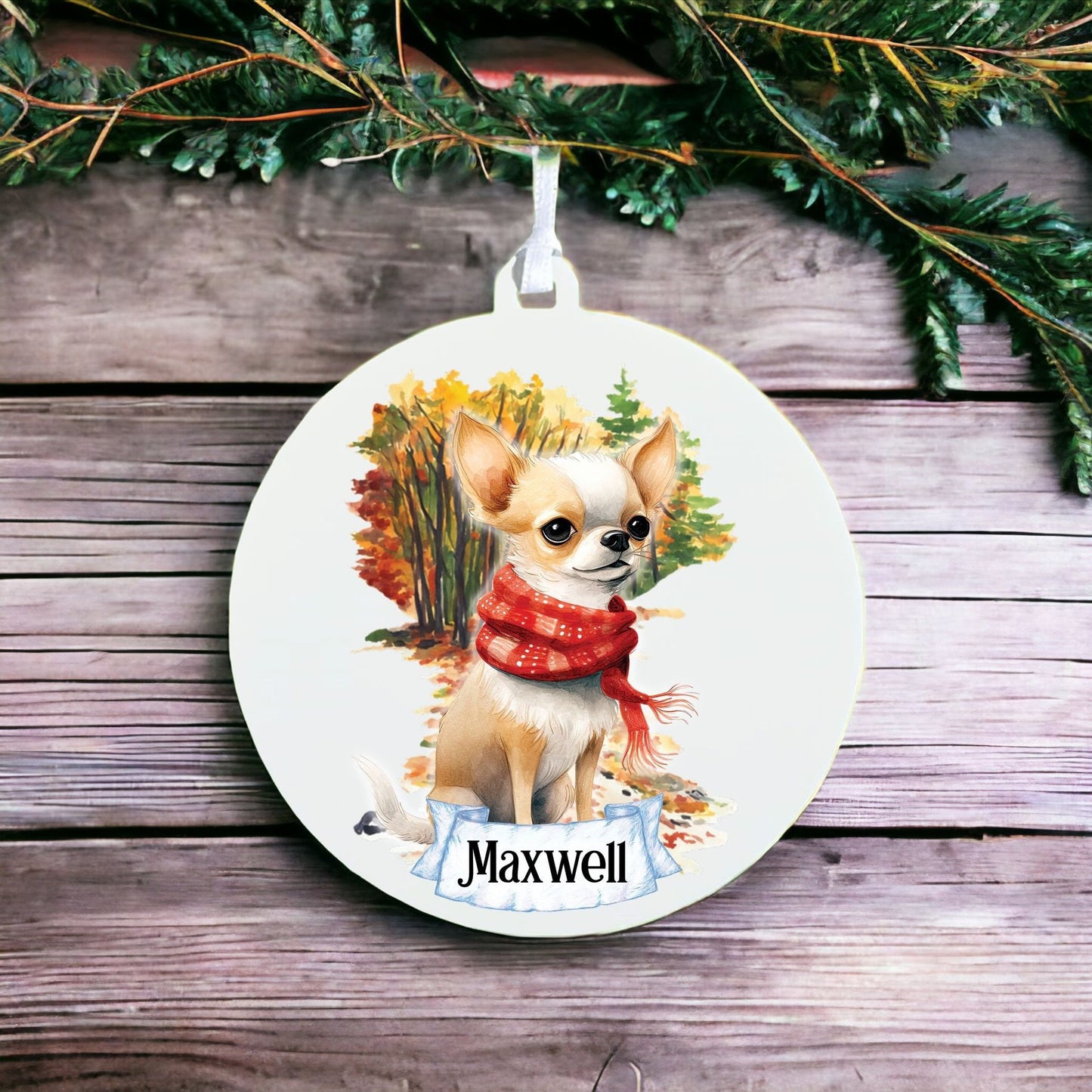 Personalised Watercolour Chihuahua Dog on Winter Walk - Acrylic Ornament Decoration Gift Keepsake