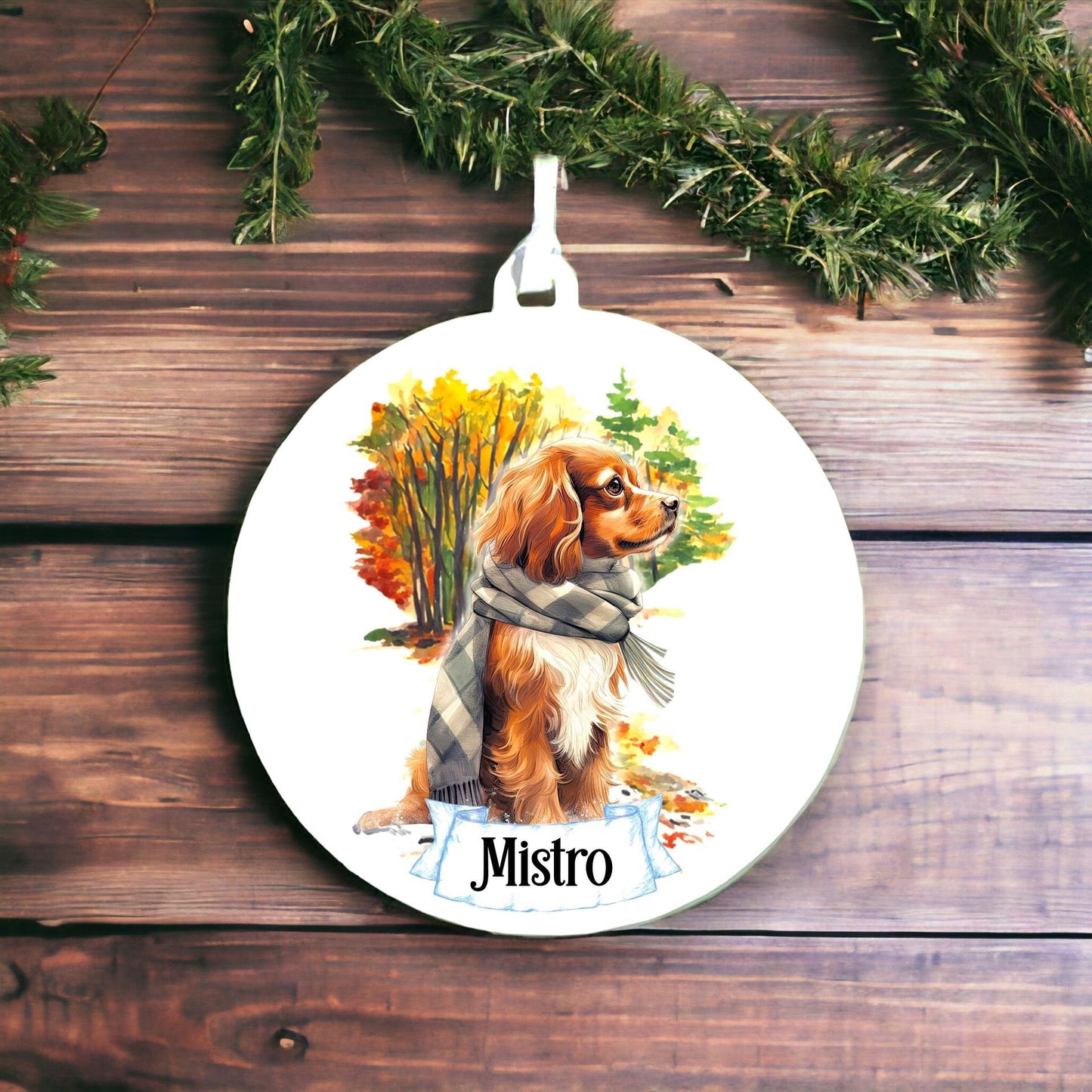 Personalised Watercolour Cavalier King Charles Spaniel Dog on Winter Walk - Acrylic Ornament Decoration Gift Keepsake