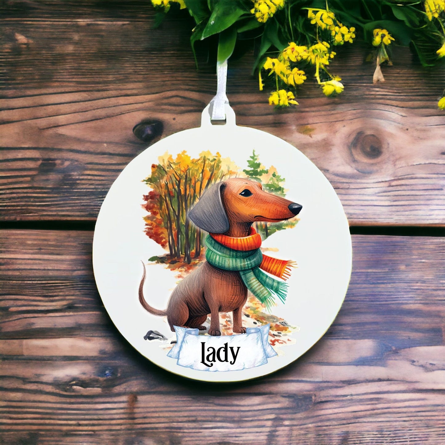 Personalised Watercolour Dachshund - Dog on Winter Walk - Acrylic Ornament Decoration Gift Keepsake