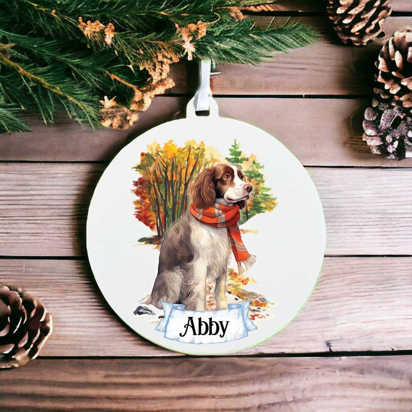 Personalised Watercolour English Springer Spaniel - Dog on Winter Walk - Acrylic Ornament Decoration Gift Keepsake