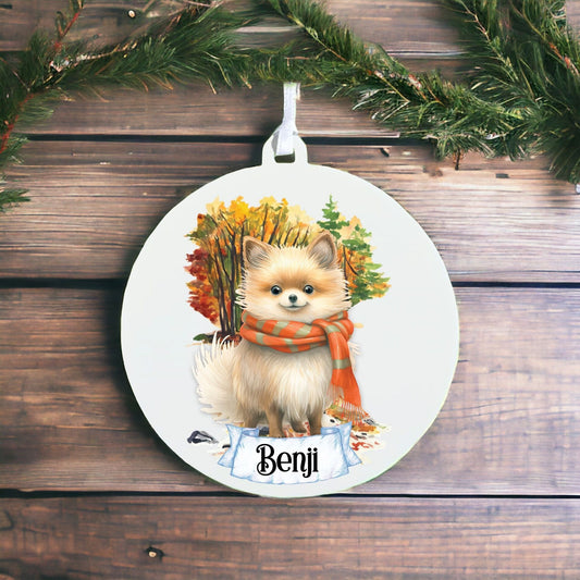 Personalised Watercolour Pomeranian - Dog on Winter Walk - Acrylic Ornament Decoration Gift Keepsake