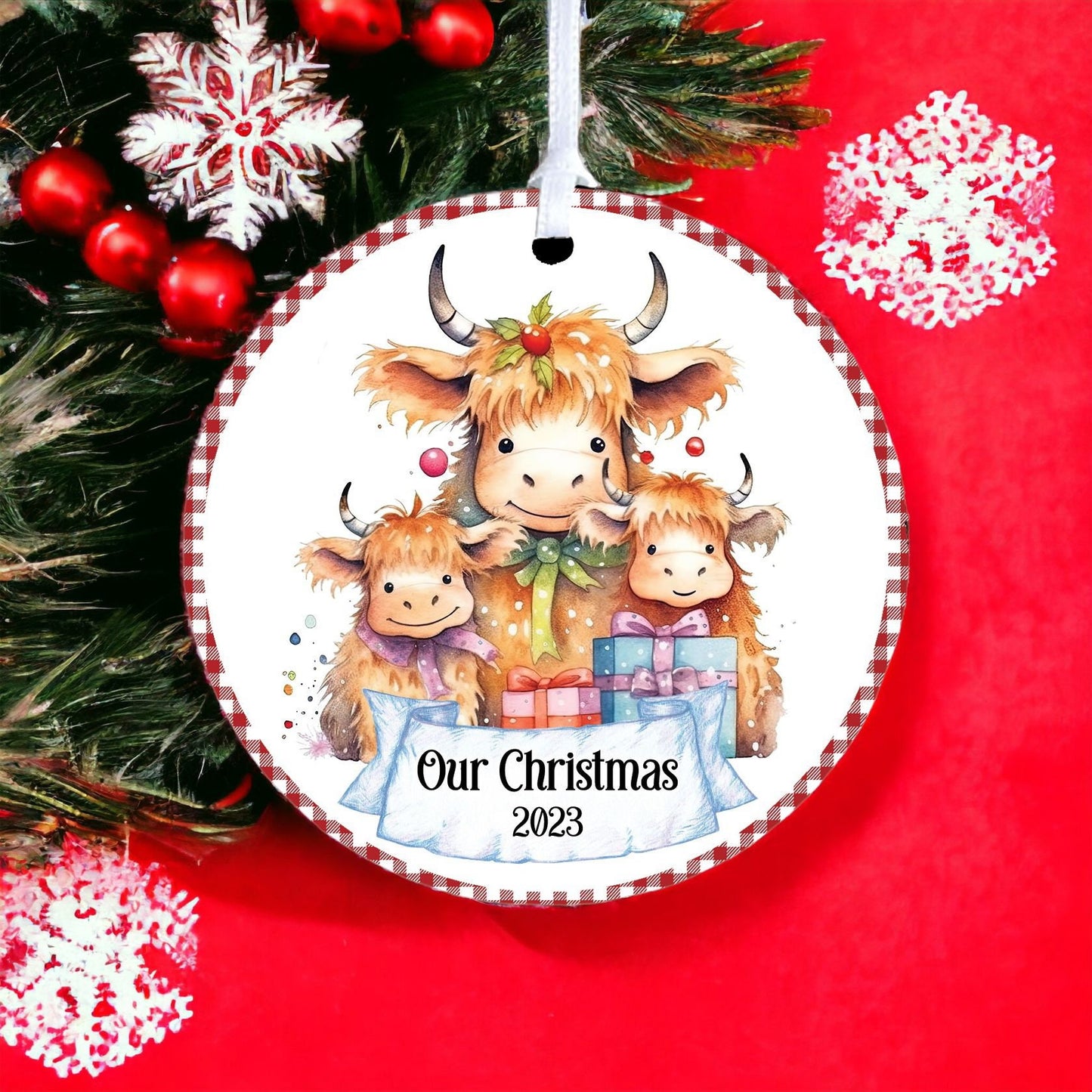 Personalised Highland Cow Family B - Acrylic Bauble Christmas Tree Ornament Decoration Gift Keepsake