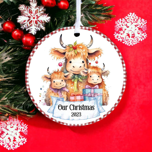 Personalised Highland Cow Family B - Acrylic Bauble Christmas Tree Ornament Decoration Gift Keepsake