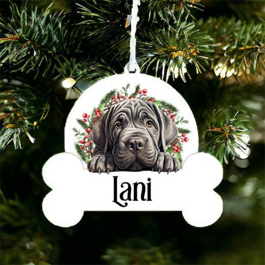 Personalised Christmas Bauble with Neapolitan Mastiff sat in a wreath