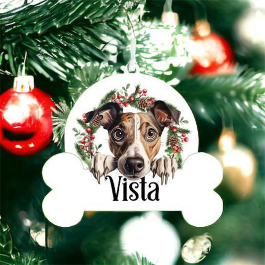 Personalised Christmas Bauble with Greyhound sat in a wreath