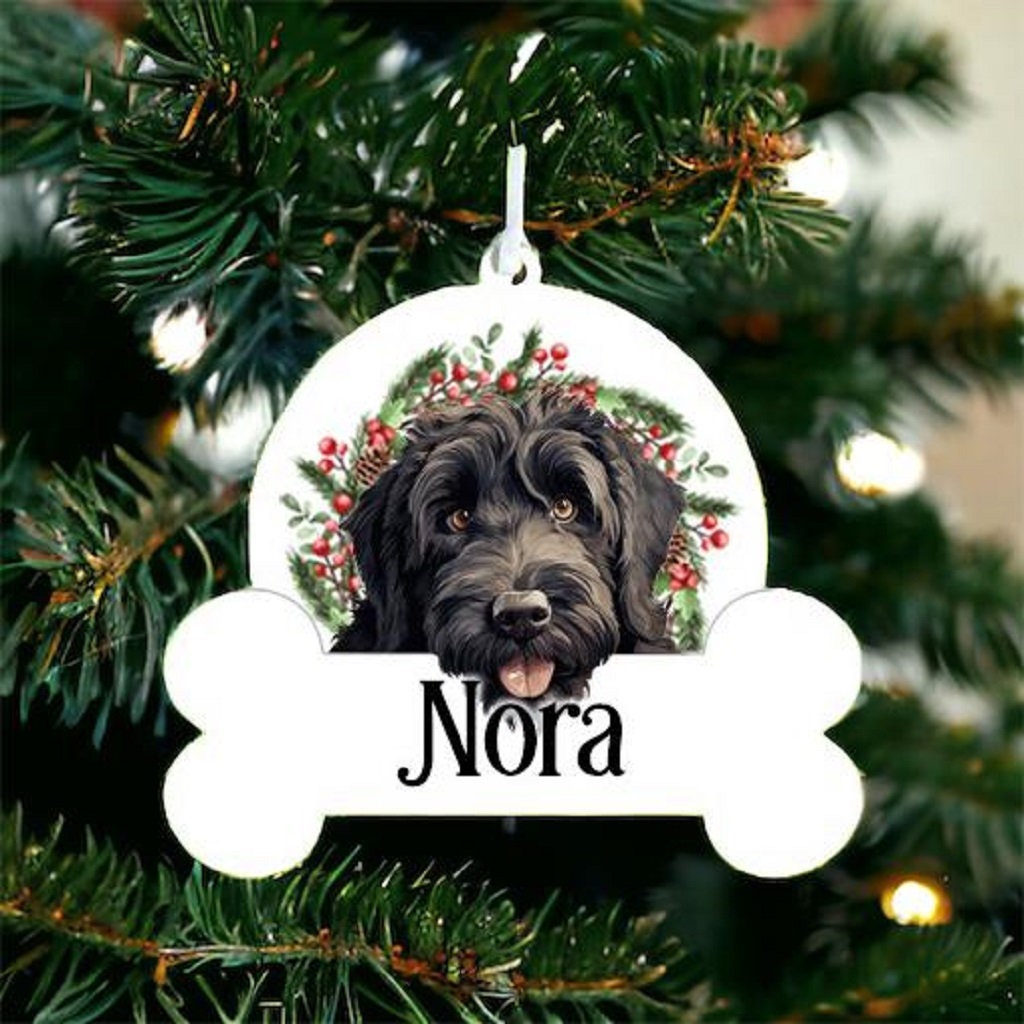 Personalised Christmas Bauble with Black Russian Terrier sat in a wreath