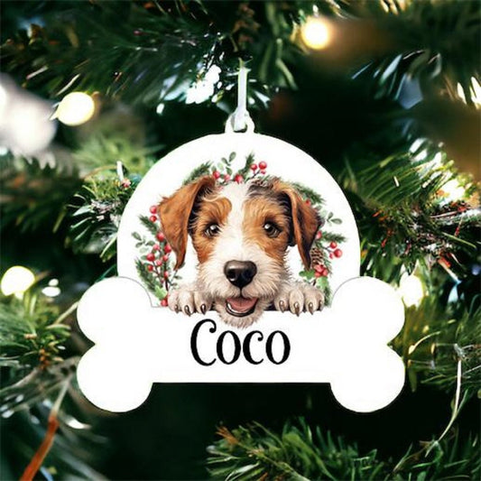 Personalised Christmas Bauble with Wire Fox Terrier sat in a wreath