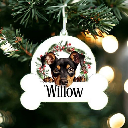 Personalised Christmas Bauble with German Pinscher sat in a wreath