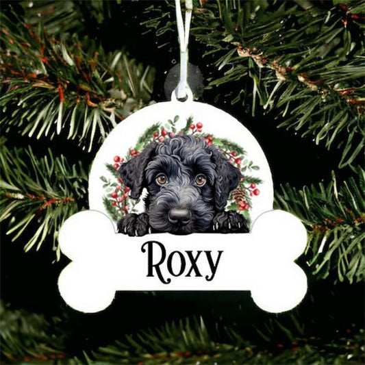 Personalised Christmas Bauble with Kerry Blue Terrier sat in a wreath