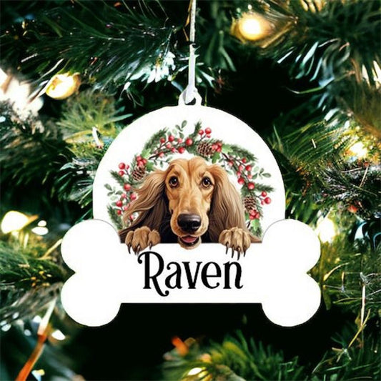 Personalised Christmas Bauble with Afghan Hound sat in a wreath