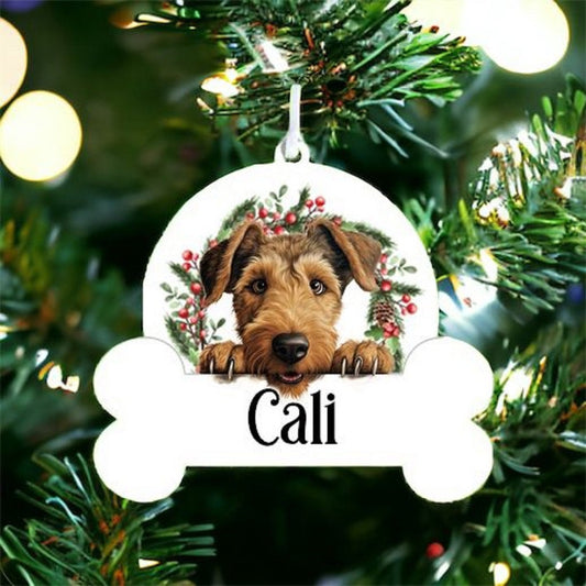 Personalised Christmas Bauble with Welsh Terrier sat in a wreath