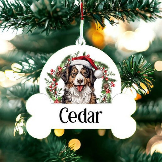 Personalised Christmas Bauble with Australian Shepherd sat in a wreath