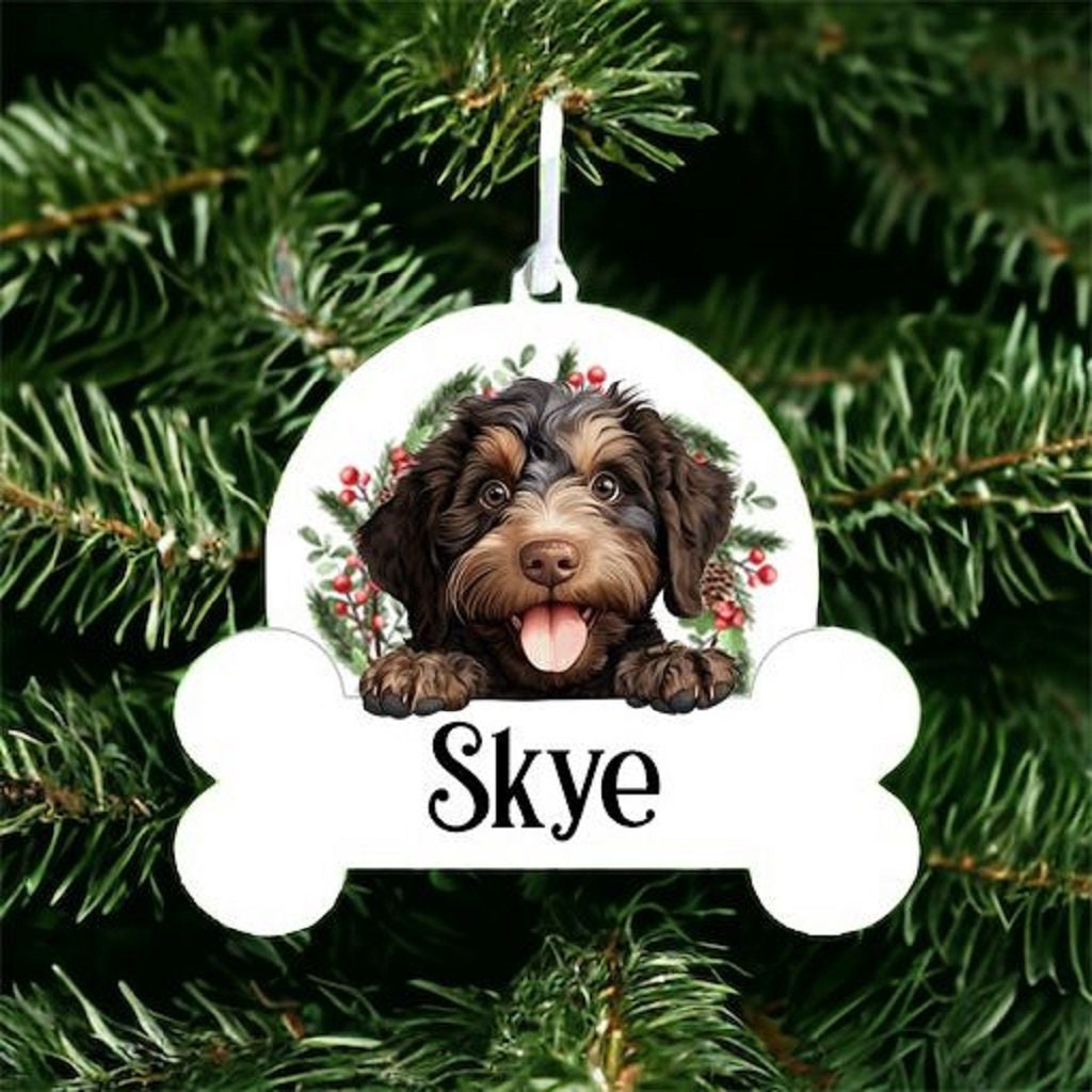 Personalised Christmas Bauble with Barbet sat in a wreath