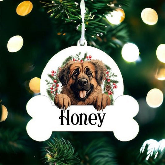 Personalised Christmas Bauble with Leonberger sat in a wreath