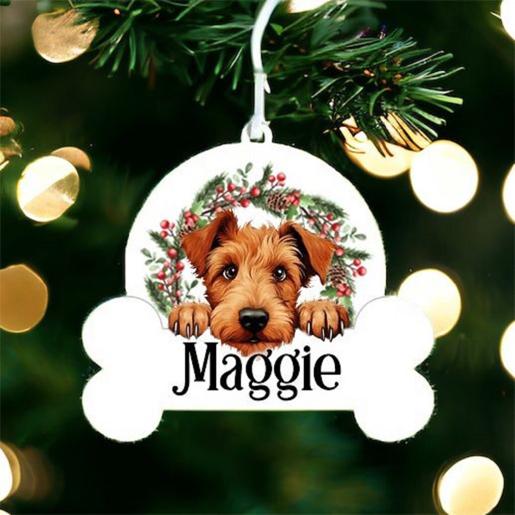 Personalised Christmas Bauble with Irish Terrier sat in a wreath