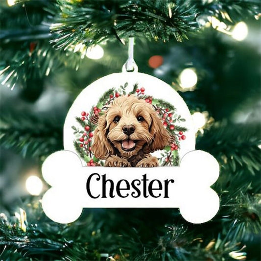 Personalised Christmas Bauble with Cockapoo sat in a wreath