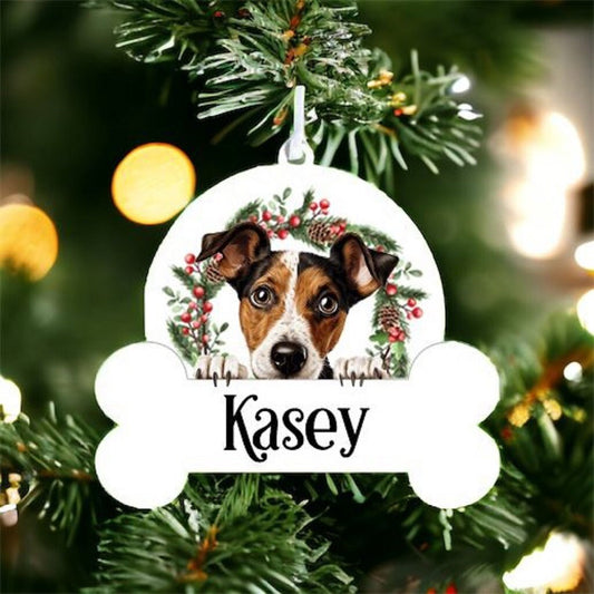 Personalised Christmas Bauble with Smooth Fox Terrier sat in a wreath