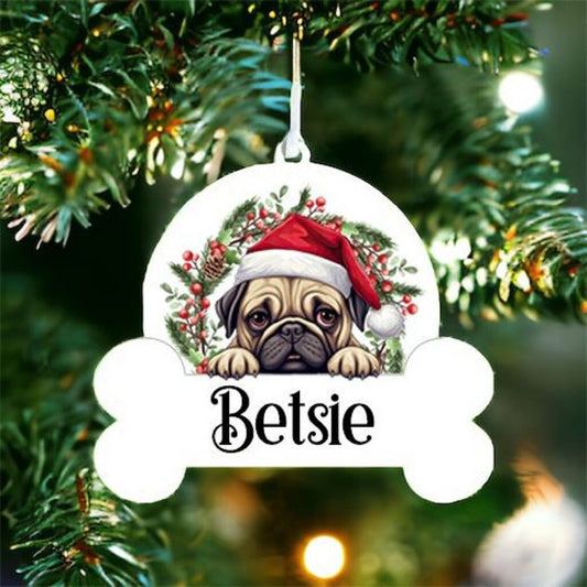 Personalised Christmas Bauble with Pug sat in a wreath