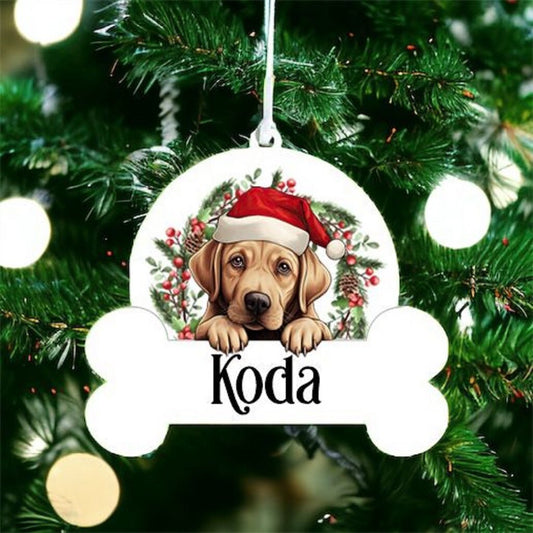 Personalised Christmas Bauble Of Labrador Retriever sat in a wreath