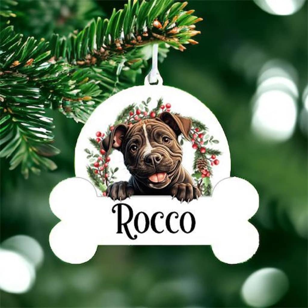 Personalised Christmas Bauble Of Staffordshire Bull Terrier sat in a wreath