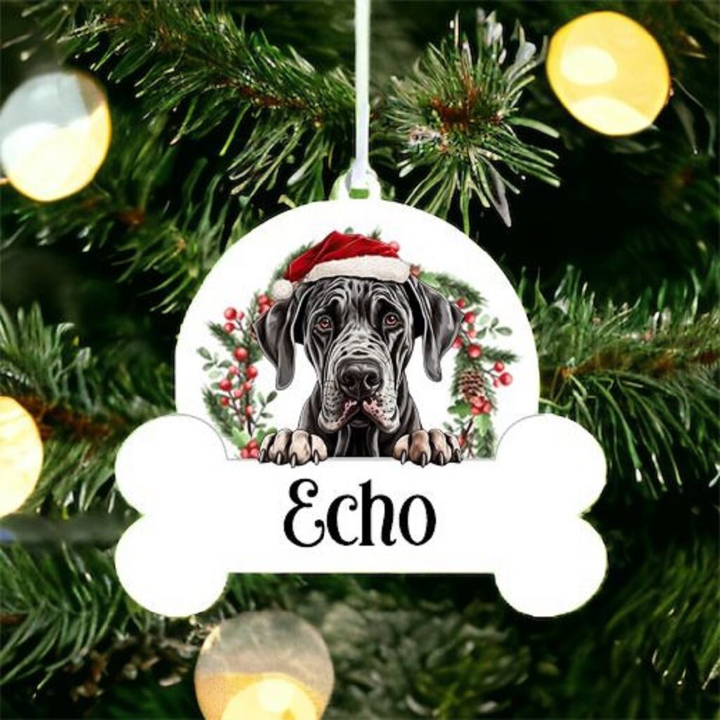 Personalised Christmas Bauble with Great Dane sat in a wreath