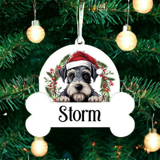 Personalised Christmas Bauble with Miniature Schnauzer sat in a wreath