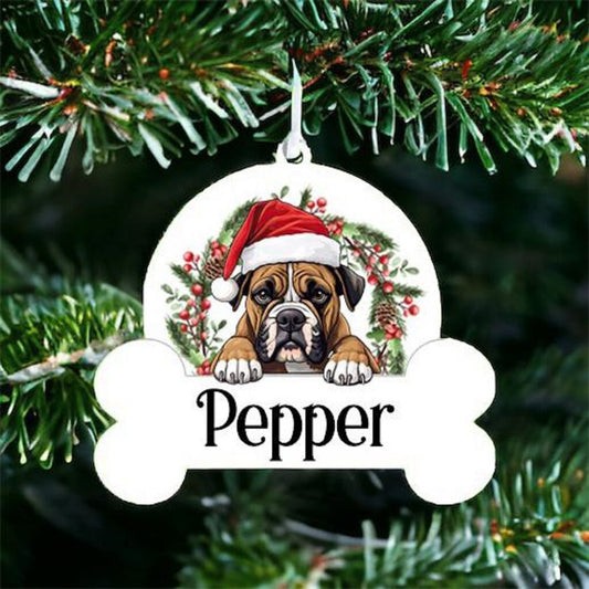 Personalised Christmas Bauble with Boxer Dog sat in a wreath